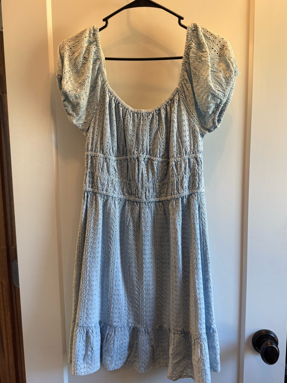 Light Blue chambray Eyelet Puff Sleeve Dress